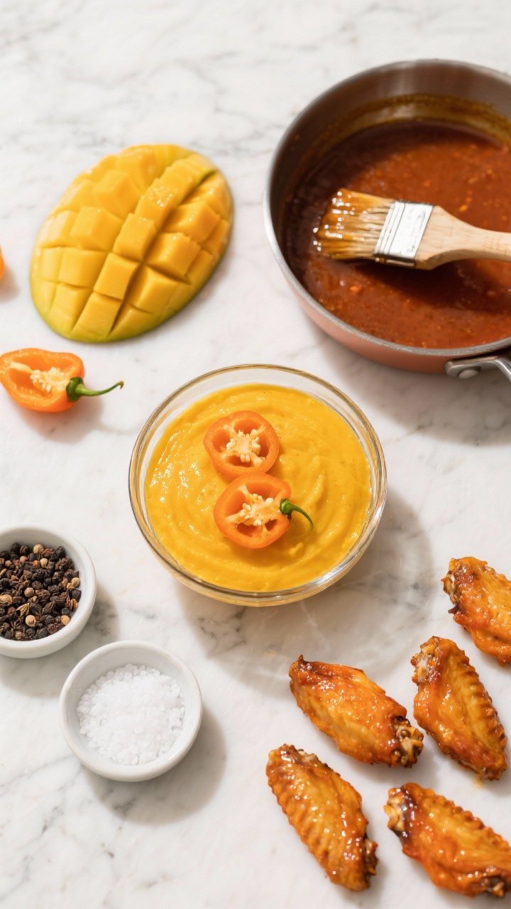 Overhead ingredient-to-sauce prep shot for mango-habanero glaze: vibrant mango puree in a glass bowl, seeded and sliced orange habanero peppers nearby, small bowls of cumin, black pepper, and kosher salt arranged neatly; a brush and saucepan ready for glazing, with a few already-glazed wings off to one corner showing bright tropical orange sheen; bright, tropical color palette, clean marble background.