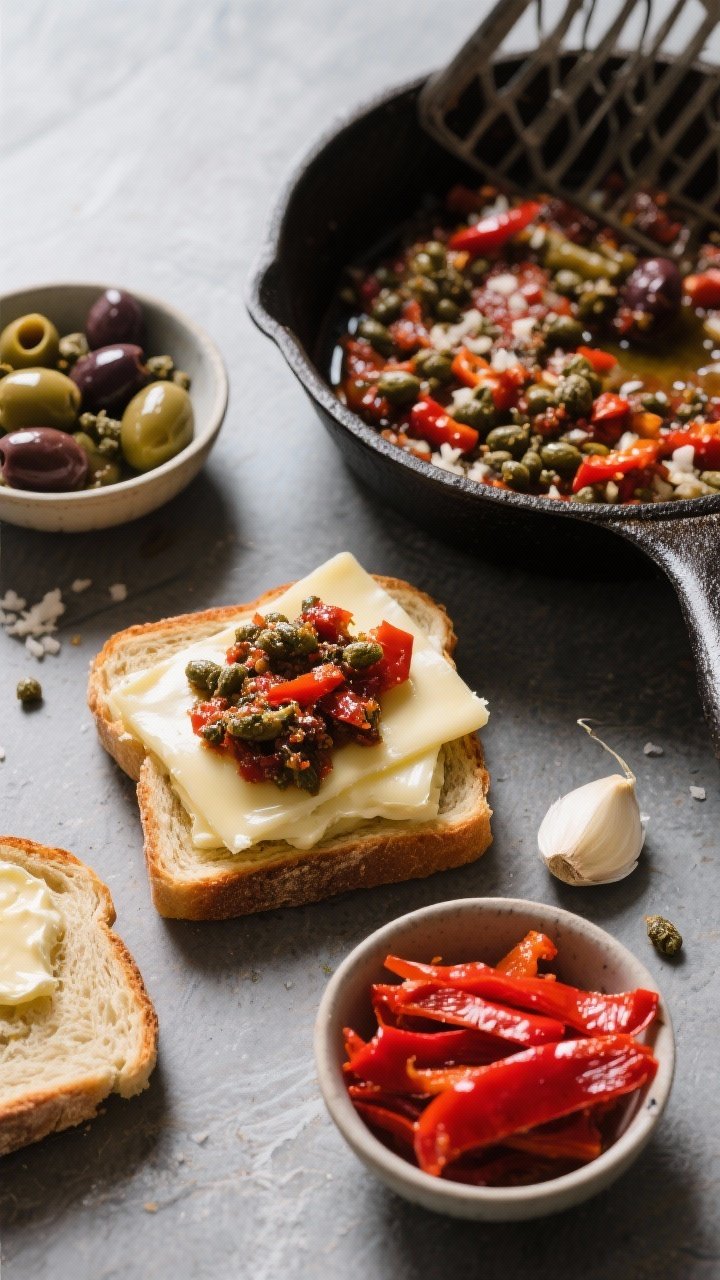 Overhead ingredients-and-assembly shot for roasted pepper and olive tapenade grilled cheese: chopped mixed olives, capers, finely grated garlic, and strips of roasted red pepper arranged in small bowls; two slices of bread, buttered on the outside, layered with melty cheese and a spread of briny olive-caper tapenade; a skillet or air fryer basket nearby; cool, contrasty light to emphasize glossy olives, ruby peppers, and melted cheese anticipation.