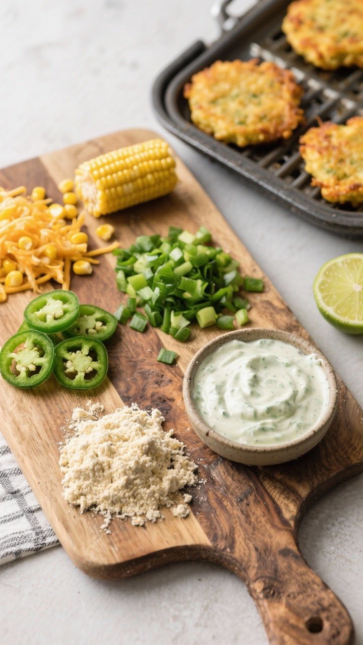 Overhead ingredients-to-fritters prep shot: a rustic board with neat piles of canned corn kernels, shredded cheddar, finely chopped jalapeño (seeds removed), chopped green onion, and a small mound of flour mixture, plus a bowl of zesty lime crema off to the side. A few formed fritter patties ready for the air fryer basket, bright greens and yellows emphasized, clean styling that conveys freshness and crunch.