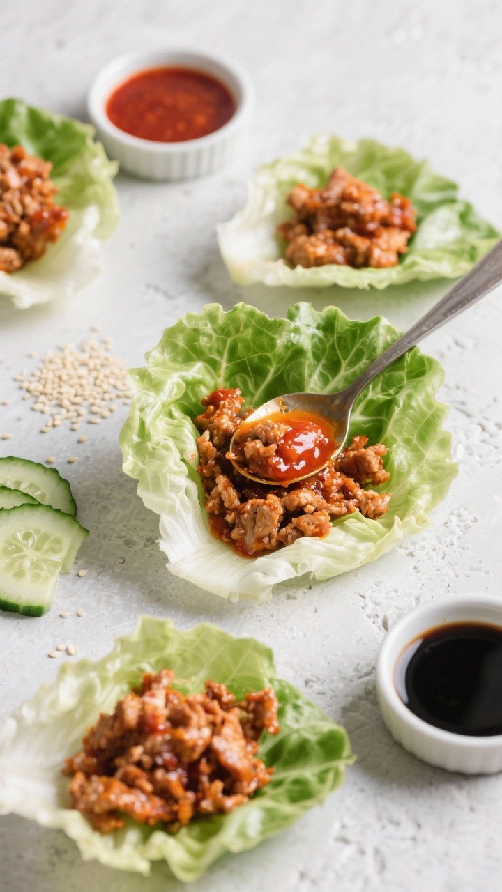 Overhead lettuce wrap assemblage for crispy gochujang turkey: browned ground turkey in a glossy gochujang, soy sauce, honey, rice vinegar, ginger, and garlic glaze, spooned into crisp lettuce cups. Thin cucumber slices for crunch arranged alongside, sesame seeds optional. Minimal, modern setup on a light stone surface with small ramekins of gochujang and soy; the turkey’s red-orange sheen contrasts the cool green lettuce.