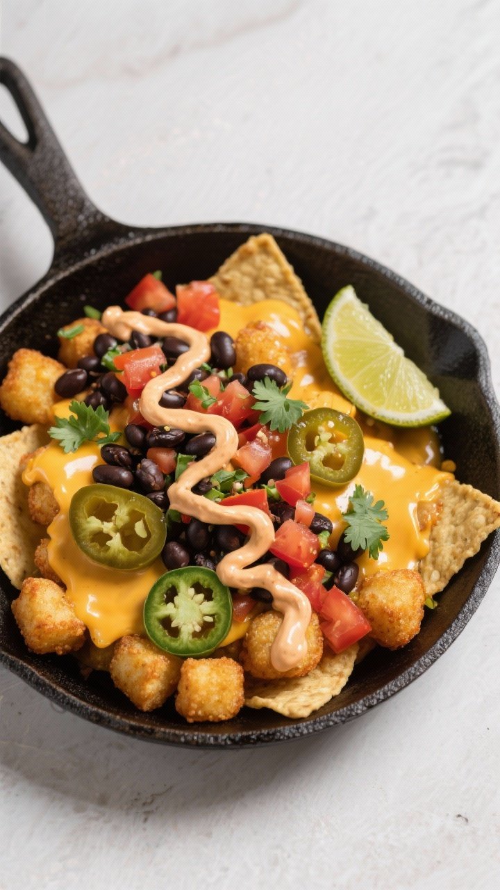 Overhead loaded nacho scene: Tater tot “totchos” on a cast-iron skillet, tots crisped and smothered with melted sharp cheddar/pepper jack. Toppings layered: black beans, sliced pickled jalapeños, chopped fresh tomato, and a dramatic zigzag of chipotle crema. Garnish with chopped cilantro and a lime wedge in the corner. Contrast of golden tots, glossy cheese, and vibrant toppings; festive and bold.