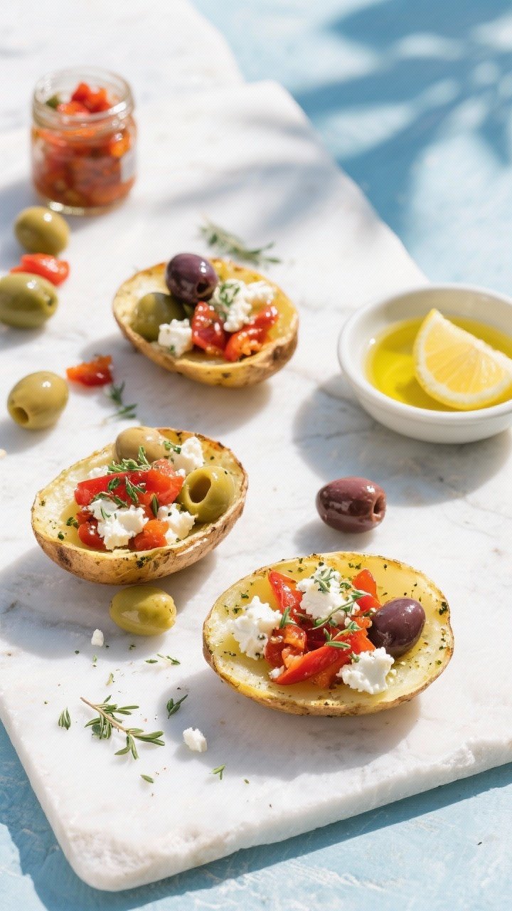 Overhead Mediterranean flat lay: feta-olive potato skins on a light stone surface; olive oil–brushed, oregano-dusted shells filled with crumbled feta, chopped roasted red peppers (jarred, drained), and a scatter of mixed olives; a small bowl of extra-virgin olive oil and lemon wedges off to the side; fresh, sunlit coastal vibe with clean whites and blues.