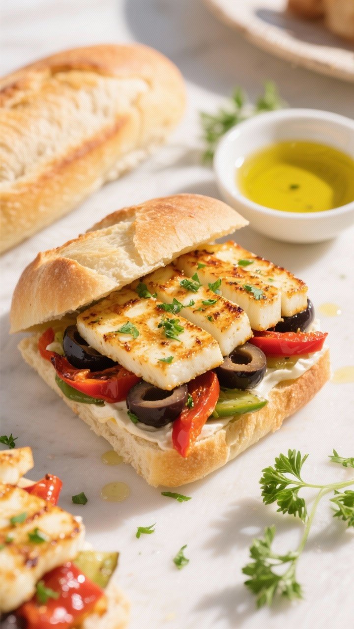 Overhead Mediterranean veggie halloumi crunchwich build: ciabatta slices brushed with olive oil, golden-seared halloumi slices arranged neatly, roasted red pepper strips, Kalamata olive slices, and a sprinkle of finely chopped fresh herbs (parsley) ready to layer; a small bowl of olive oil and a few herb sprigs nearby; bright, sunlit aesthetic with Mediterranean colors and textures emphasized.