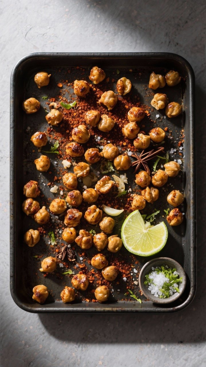 Overhead minimalist flat lay of smoky chickpea crunchers: evenly spaced roasted chickpeas on a dark sheet pan, visibly seasoned with smoked paprika, garlic powder, cumin, olive oil, and finished with lime salt (zest and kosher salt). Include a halved lime and a pinch bowl of lime zest salt in frame. Hard side light to emphasize crackly, matte skins and warm spices.