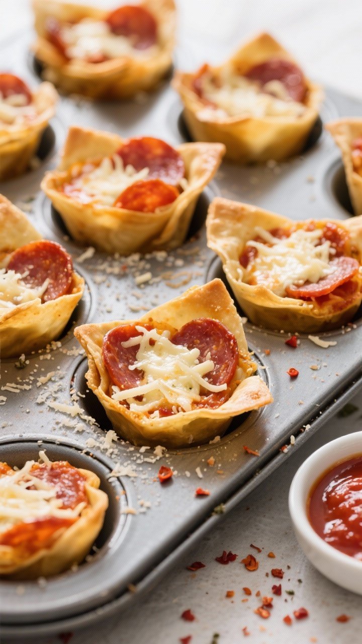 Overhead muffin-tin layout of pepperoni pizza wonton cups: golden, crisp wonton wrappers curled into cups, filled with pizza sauce, bubbly shredded mozzarella, mini pepperoni cupped at the edges, and a dusting of grated Parmesan and Italian seasoning; a fine mist of olive oil sheen visible; red pepper flakes scattered on the surface and a small bowl of extra sauce nearby.