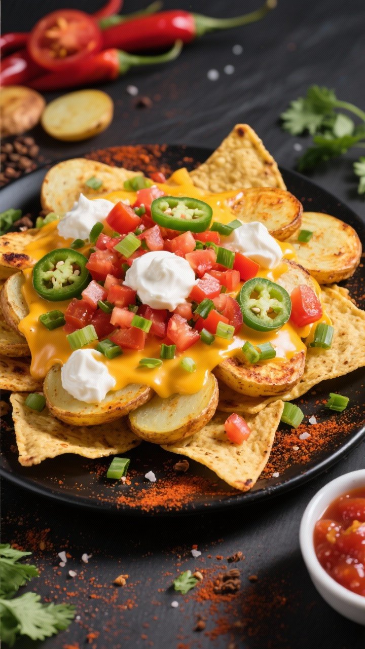 Overhead nacho-style composition of air-fried potato rounds: baby gold potato slices roasted crisp, layered on a black platter and dusted with chili powder, cumin, smoked paprika, and salt; topped with melted cheese, pico-style tomatoes, jalapeño slices, green onions, dollops of Greek yogurt “sour cream,” and cilantro; small bowl of salsa off to the corner; vibrant game-day energy.