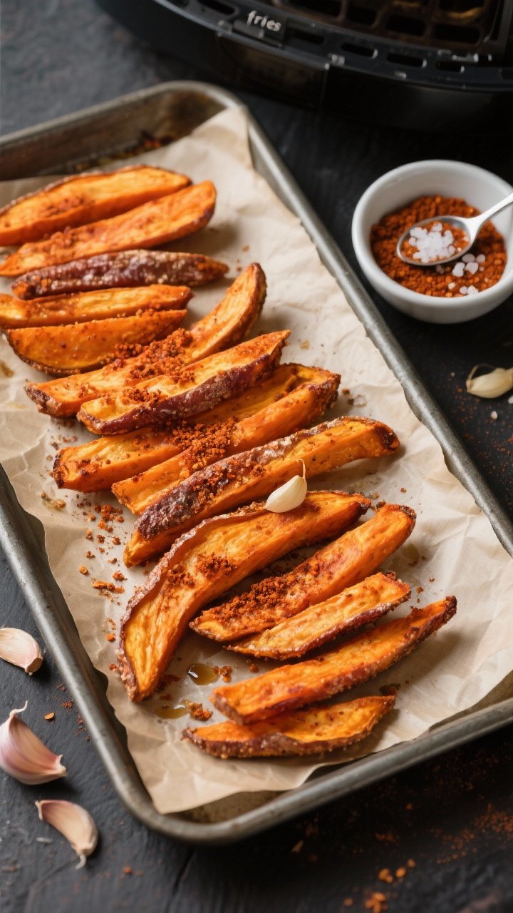 Overhead on a parchment-lined tray: Smoky sweet potato “fries” in neat rows, edges crisped, dusted with a fine maple-chipotle spice blend (smoked paprika, chipotle powder, garlic) over a cornstarch-thin crust sheen from neutral oil. A small bowl of the maple-chipotle seasoning sits nearby with a tiny spoon; salt flakes visible. Vibrant orange tones pop against a dark metal air fryer tray; high-contrast light to emphasize ridges and caramelized tips.