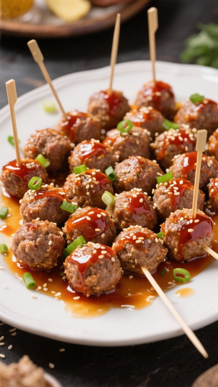 Overhead party platter of honey-sriracha cocktail meatballs: evenly sized pork meatballs (panko, egg, milk, garlic, fresh ginger, soy sauce) lacquered in a sticky honey-sriracha glaze that pools lightly on the plate; sesame seeds and thinly sliced scallions sprinkled over; toothpick skewers beside the platter; warm, glossy highlights to emphasize the self-glazing sauce.