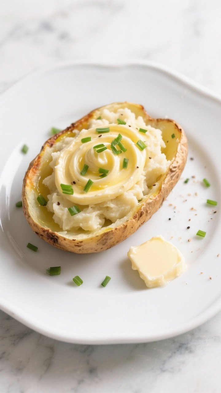 Overhead plated presentation of loaded baked potato skins with chive-butter swirl: crisp potato boats brushed with olive oil and seasoned salt/pepper, filled with fluffy potato mash enriched with melted butter, a glossy chive-butter swirl on top, extra chopped chives sprinkled over; served on a white ceramic plate with a small pat of melting butter; clean, bright daylight on marble.