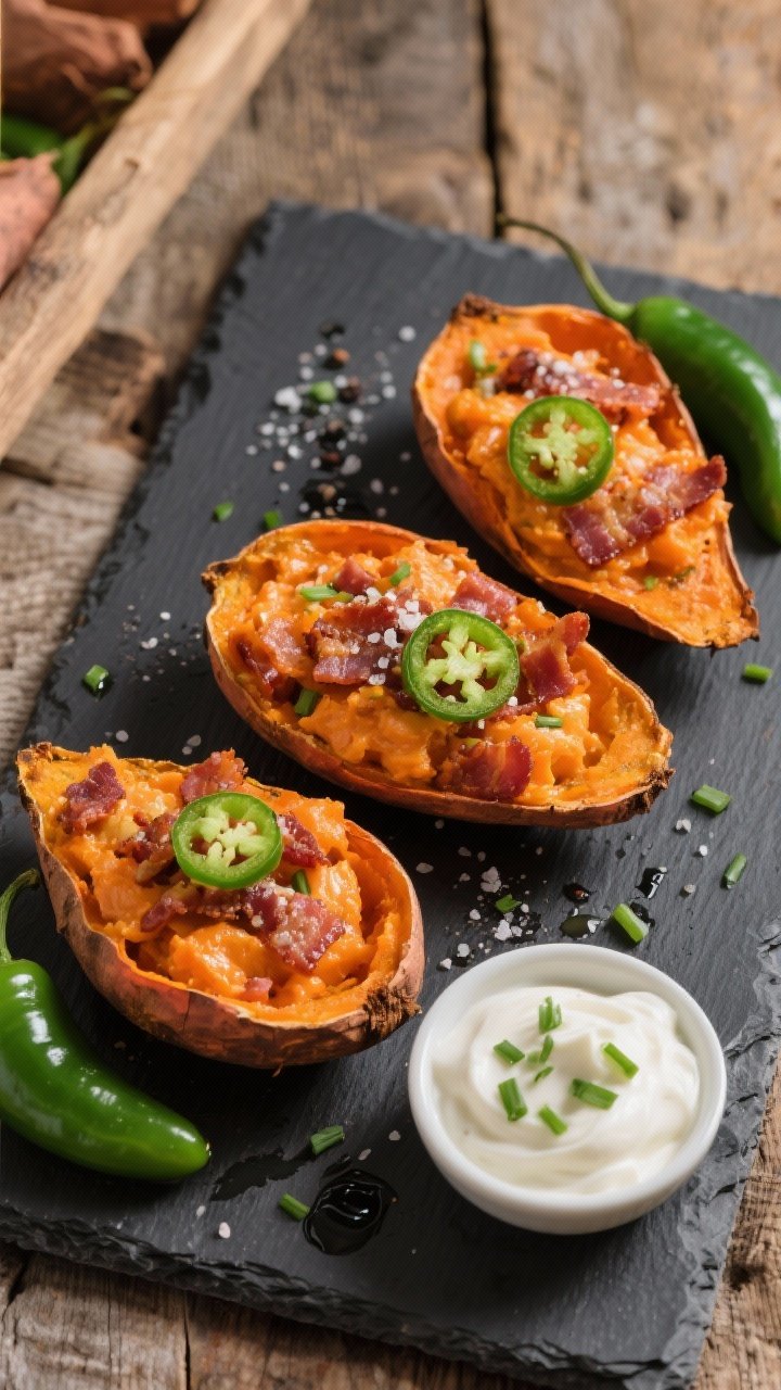 Overhead plated presentation of loaded sweet potato skins: deep orange shells crisped at the edges, filled with fluffy orange flesh, crumbled bacon, thin jalapeño rings, and a sprinkle of kosher salt and black pepper. A light olive oil sheen on the skins. Served on a slate board with a small bowl of sour cream and chopped chives. Warm, game-day vibe with rustic props, vibrant green jalapeños popping against the orange.