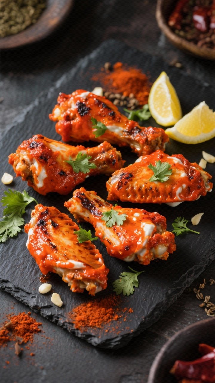 Overhead plated presentation of Spicy Tandoori Yogurt wings: vivid brick-red-orange coating from Greek yogurt, tandoori masala, Kashmiri chili powder, ground cumin, grated garlic, and lemon juice; lightly charred edges, sprinkled with fresh cilantro and lemon wedges on the side; served on a dark slate platter for contrast, evoking bold Indian street-food energy without any people in frame