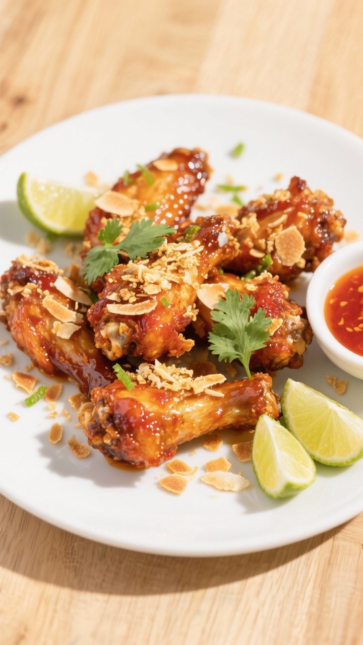 Overhead plated sweet chili-lime wings with crispy coconut flakes: wings glazed in Thai sweet chili sauce with fish sauce notes and fresh lime zest; finished with a shower of golden toasted coconut flakes and a few cilantro leaves; lime wedges and a small bowl of extra sweet chili sauce on the side; bright, punchy lighting with a light wood surface to highlight tropical crispness.