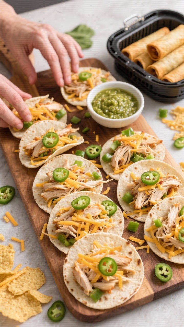 Overhead prep flat lay: assembly of loaded nacho taquitos on a wooden board—12 small tortillas being filled with shredded rotisserie chicken, shredded cheddar-jack, and diced green chiles. A small bowl of salsa verde dip to the side, a few tightly rolled taquitos ready for the air fryer basket, cheese shreds and chile bits scattered for texture, vibrant, casual party feel.