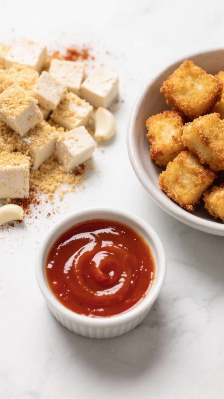 Overhead prep-to-finish storyboard for crispy tofu nuggets: left side shows pressed extra-firm tofu cubes dusted with cornstarch, nutritional yeast, garlic powder, and smoked paprika; right side shows finished, air-fried golden nuggs in a bowl; center ramekin of glossy sriracha–maple dip with a drizzle trail; minimalist background to emphasize texture and color contrast.