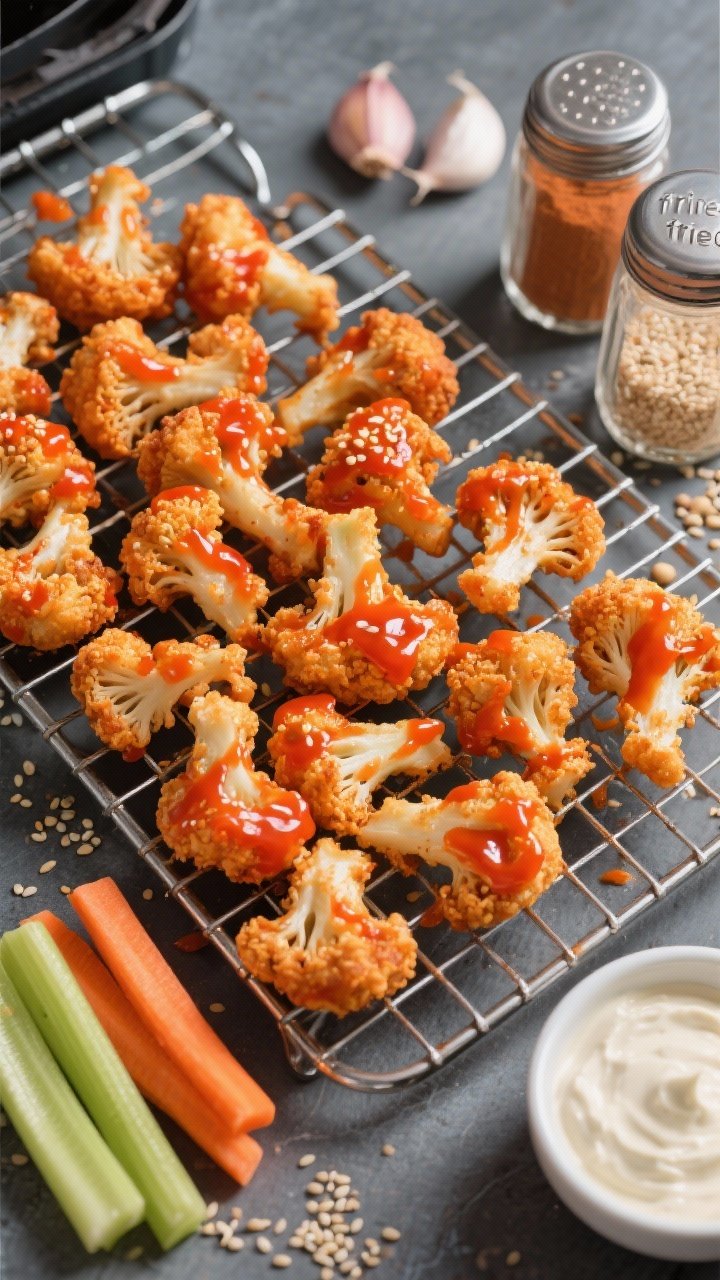 Overhead process shot of “fried” buffalo cauliflower florets on a baking rack after air frying: lightly battered with chickpea flour and almond milk, coated in a shiny buffalo sauce. Sprinkle of garlic and onion powder containers to the side, sesame seeds optional. Carrot and celery sticks and a small bowl of light ranch dip on the corner for game-night vibes, vibrant orange-red glaze popping.