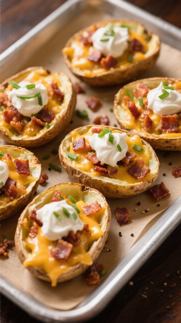 Overhead pub-style platter of loaded potato skins: russet halves hollowed and crisped with olive oil, salt, and pepper, filled with bubbling cheddar, crumbled bacon, and a generous sprinkle of chives; a dollop of sour cream on each skin, extra bacon bits scattered, warm tungsten lighting to amplify comfort-food vibes.