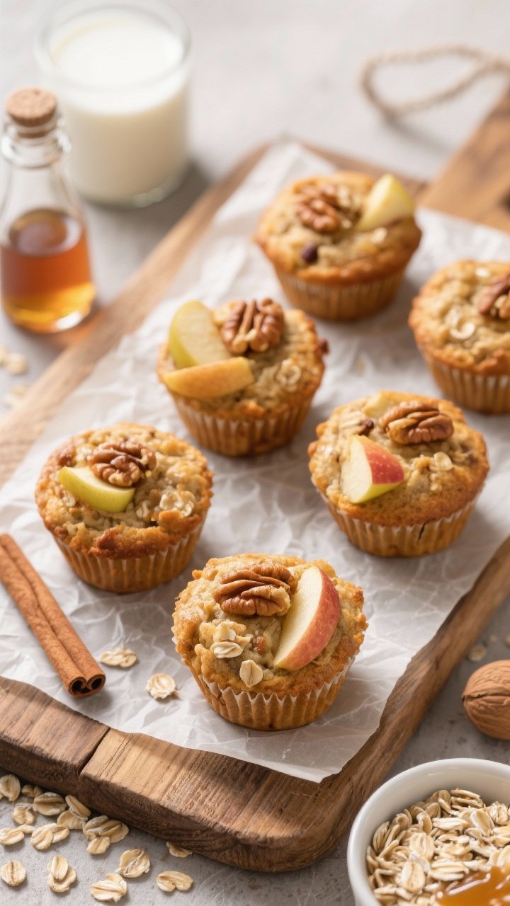Overhead rustic bakery-style layout of cinnamon apple oatmeal cups: golden-baked oat muffins studded with tender apple pieces, scented with cinnamon and nutmeg, topped with walnut crunch. Ingredients subtly in frame—rolled oats, a drizzle of maple syrup, vanilla bottle, and a small bowl of milk—on parchment over a wooden board. Soft morning light to evoke cozy breakfast mood.