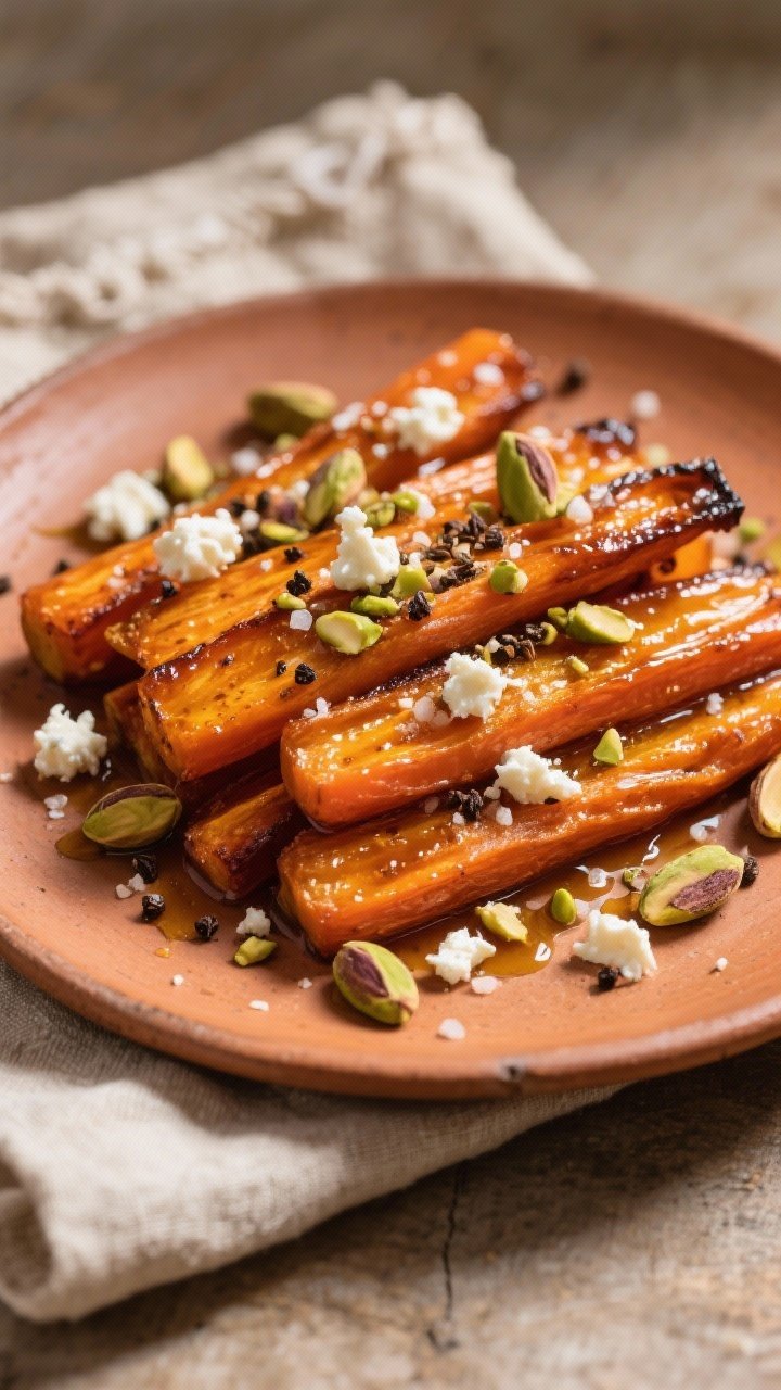Overhead rustic presentation of low-and-slow roasted carrot sticks, edges gently caramelized, glazed with olive oil and maple syrup, speckled with cumin, kosher salt, and black pepper; scattered crumbles of feta and crushed pistachios over top, on a warm-toned ceramic platter with a linen napkin, softer light to convey slow roasting and sweetness.