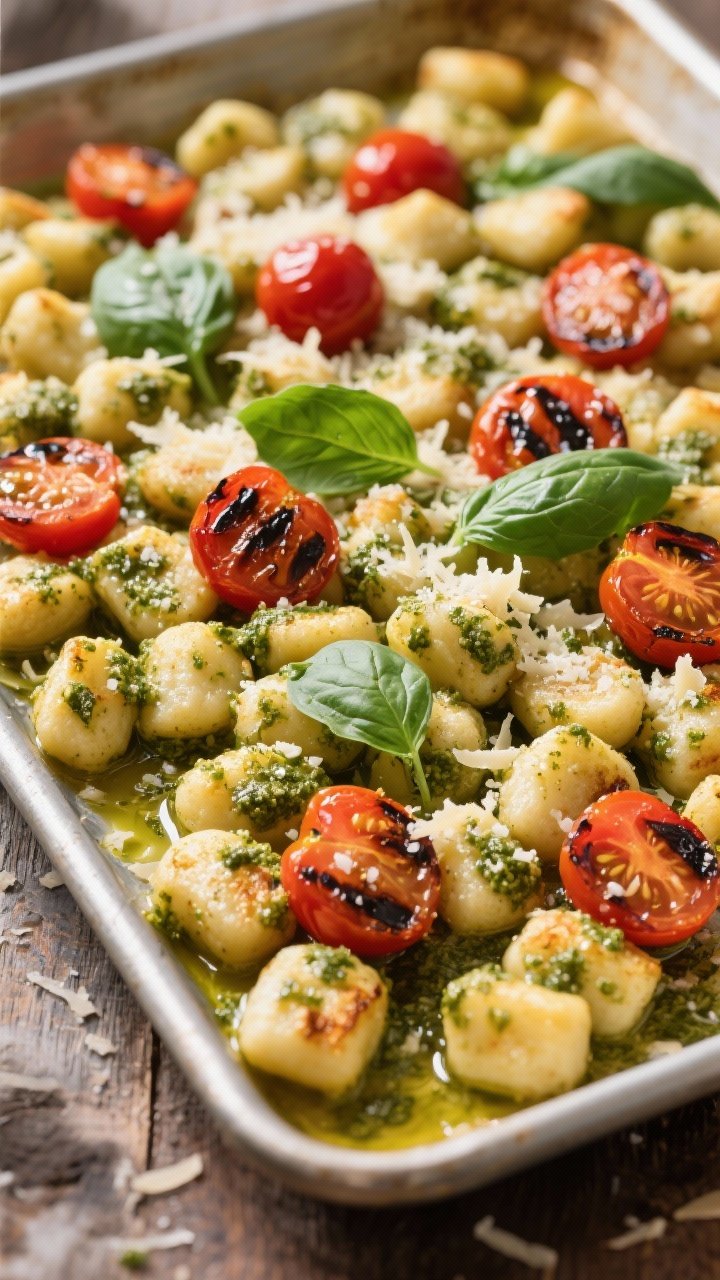 Overhead, rustic sheet-pan scene of cheesy pesto gnocchi with charred cherry tomatoes: shelf-stable gnocchi air-fried until puffed and golden, tossed with basil pesto, halved blistered tomatoes, kosher salt, and black pepper; fine Parmesan dusting and a few torn basil leaves; olive oil glints; warm, inviting natural light.