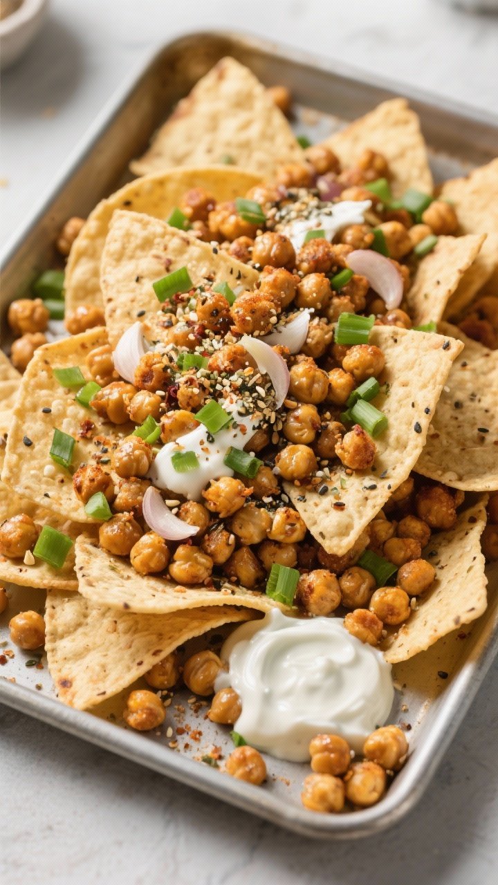 Overhead sheet-pan style shot of crispy chickpea “nachos”: air-fried chickpeas tossed with olive oil, garlic powder, onion powder, and everything bagel seasoning, piled over baked tortilla chips. Finished with an extra sprinkle of everything seasoning, a few diced green onions for color, and a drizzle of a simple yogurt or tahini sauce. Crunchy textures highlighted with hard side light.