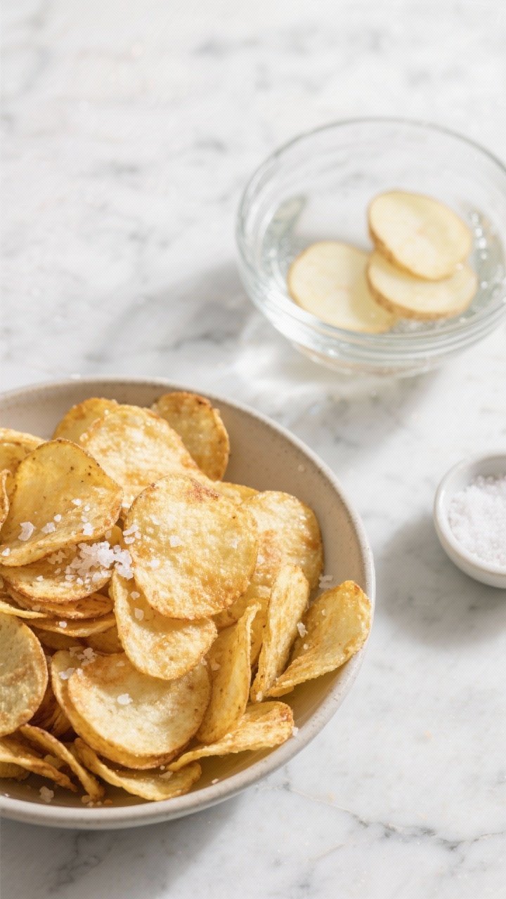 Overhead shot: A bowl overflowing with golden, ultra-thin russet potato chips that snap like kettle-cooked, glistening from a light neutral oil sheen, sprinkled with flaky kosher salt. Beside the bowl: a clear glass bowl of icy cold water with potato slices soaking, a small dish of baking soda, and a pinch bowl of extra salt. Scene styled on a cool marble surface with crisp highlights to emphasize crunch, minimal props, clean and bright editorial look.