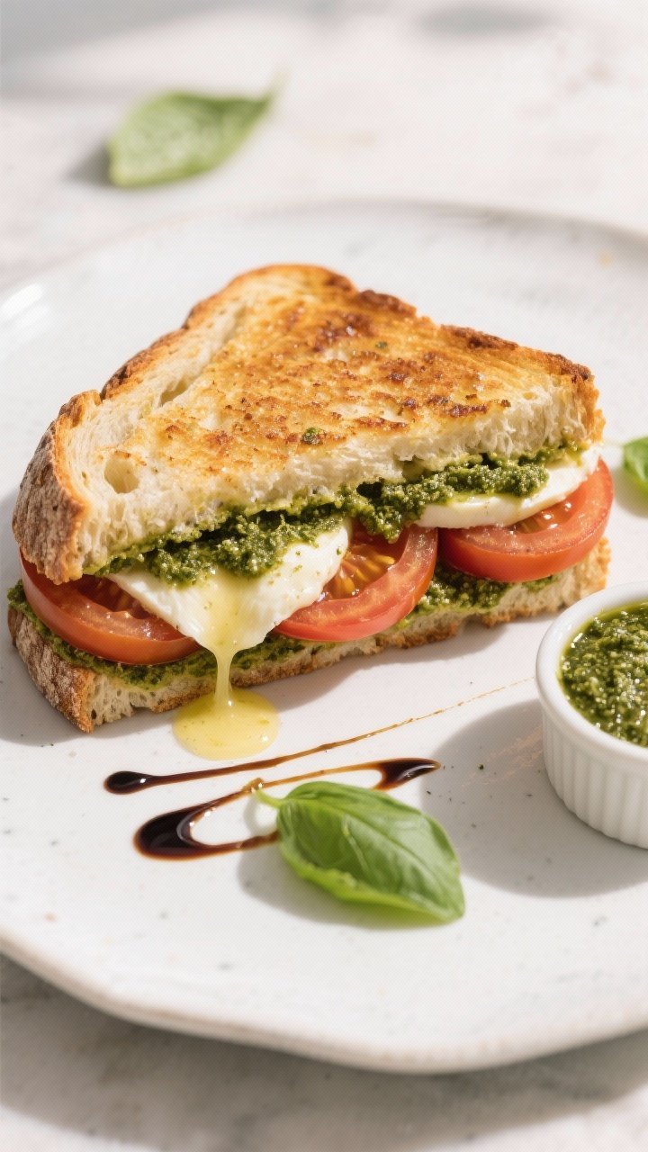 Overhead shot of a crispy Caprese air-fryer toasted sandwich on rustic sourdough: pesto spread visibly oozing, layered fresh mozzarella slices, ripe tomato rounds, and a glossy balsamic glaze drip, garnished with fresh basil leaves; golden, slightly blistered bread about 1/2-inch thick; styled on a white ceramic plate with a small ramekin of extra pesto and a drizzle trail of balsamic, bright natural light, Italian deli vibe, high detail of melted cheese stretch at the cut edge.