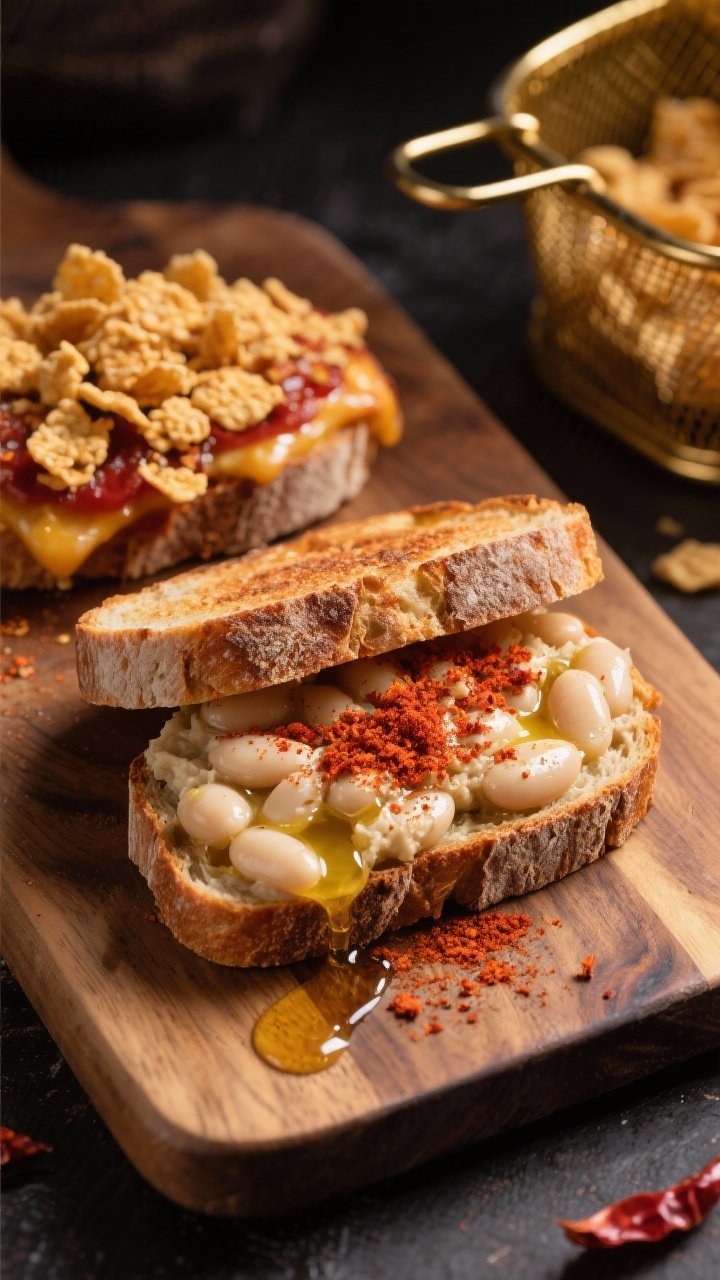 Overhead shot of a smoky bean melt toasted sandwich being assembled on a wooden board: two slices of rustic sourdough brushed with olive oil, a mashed layer of cannellini beans glistening with olive oil and dusted with smoked paprika, a drizzle of chili honey and a scatter of crushed chili-honey cornflake crunch on top; golden air fryer basket visible to the side, warm, moody lighting highlighting the crimson paprika and creamy white beans, no people.