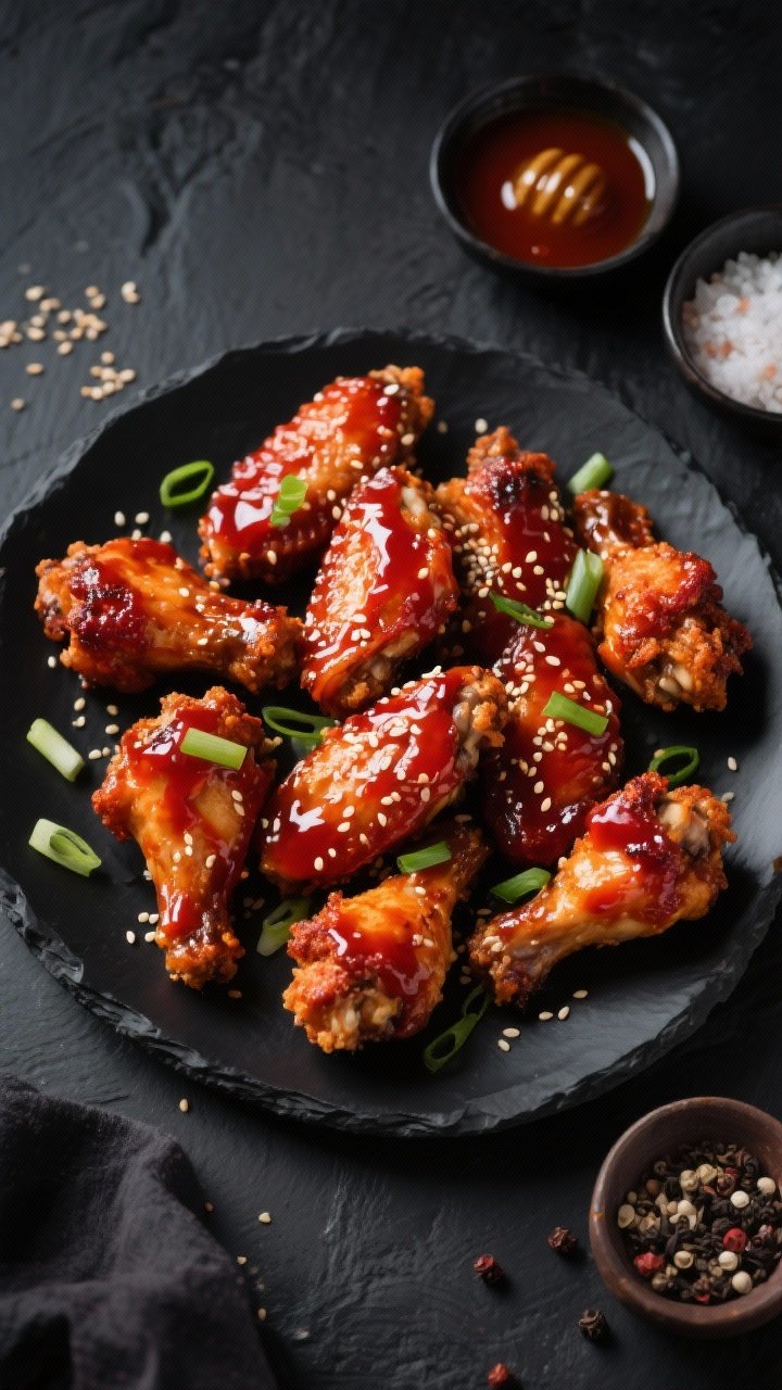 Overhead shot of air-fried chicken wings tossed in a glossy sticky gochujang-honey glaze, deep red with sesame sheen, scattered with sliced scallions and toasted sesame seeds on a matte black platter. Small bowls of gochujang, honey drizzle, soy sauce, and rice vinegar nearby; a pinch of kosher salt and cracked black pepper on the side. Crisp, blistered skin visible, minimal steam, moody lighting highlighting lacquered texture, Korean-inspired styling on dark slate.