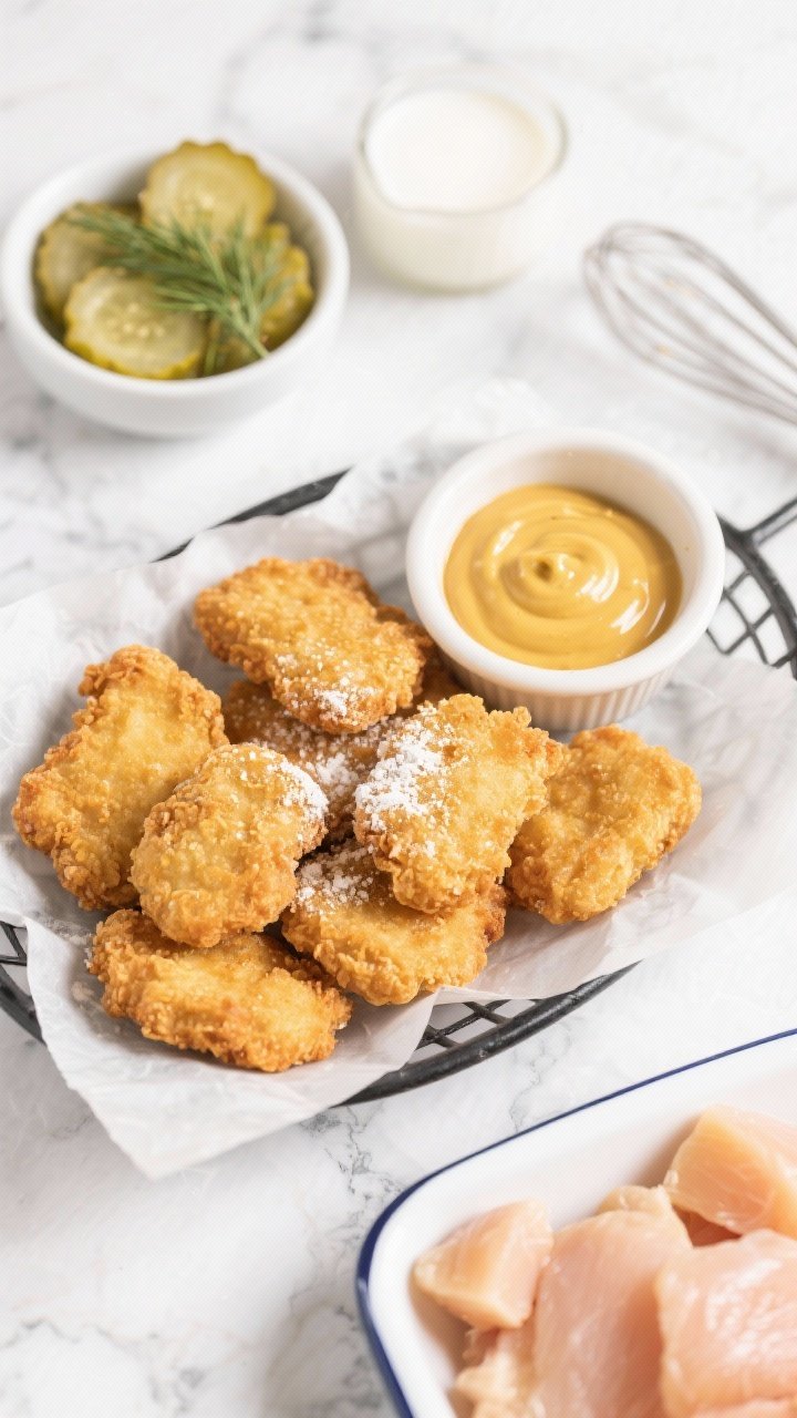 Overhead shot of Chick-Fil-A-style air fryer chicken nuggets just out of the basket, golden and lightly craggy from a flour–cornstarch–powdered sugar dredge, arranged on parchment with a ramekin of glossy honey mustard; include a small bowl of dill pickle chips, a whisked milk-and-egg mixture, and raw 1-inch chicken breast nuggets in a separate dish to hint at the brine and batter; bright, clean lighting on a white marble surface.