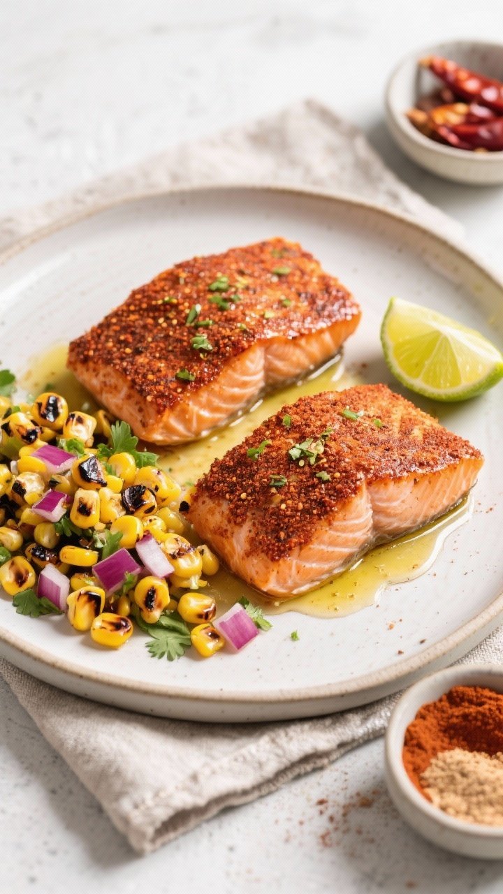 Overhead shot of chili-lime salmon fillets fresh out of the air fryer: two 1-inch-thick salmon portions with a deep chili powder and smoked paprika crust, glistening with olive oil and lime zest, plated with a bright charred corn salsa (sweet corn kernels lightly blackened, diced red onion optional, cilantro hints, lime wedges). Style on a light ceramic plate over a textured linen, lime half zested nearby, small bowl of chili powder and garlic powder in frame, a final squeeze of lime juice beading on the salmon, clean modern weeknight vibe.