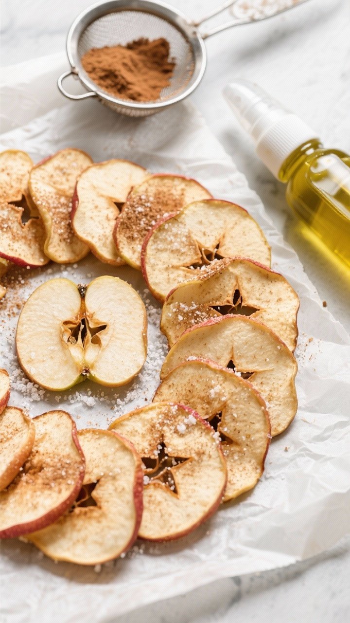 Overhead shot of cinnamon sugar apple chips arranged in concentric circles on parchment: thin Honeycrisp slices with star-shaped cores visible, dusted evenly with cinnamon, sugar, and a pinch of salt; a fine-mesh sieve with leftover cinnamon-sugar nearby, light olive oil spray bottle off to the side; crisp, lightly curled edges with warm, cozy tones.