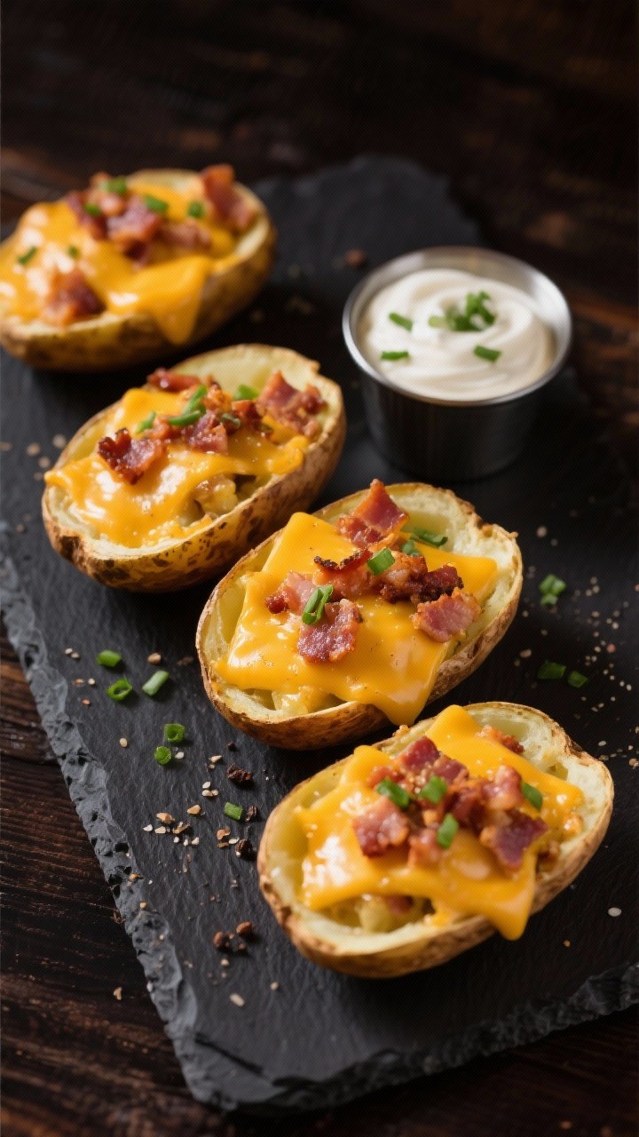 Overhead shot of classic pub-style potato skins on a dark slate platter: crisp halved russet potato shells brushed with olive oil, salted and peppered, loaded with melted sharp cheddar and crumbled bacon, with a small ramekin of sour cream and a sprinkling of chopped chives for garnish; golden, bubbly cheese with crispy edges, moody pub lighting, shallow depth for texture.