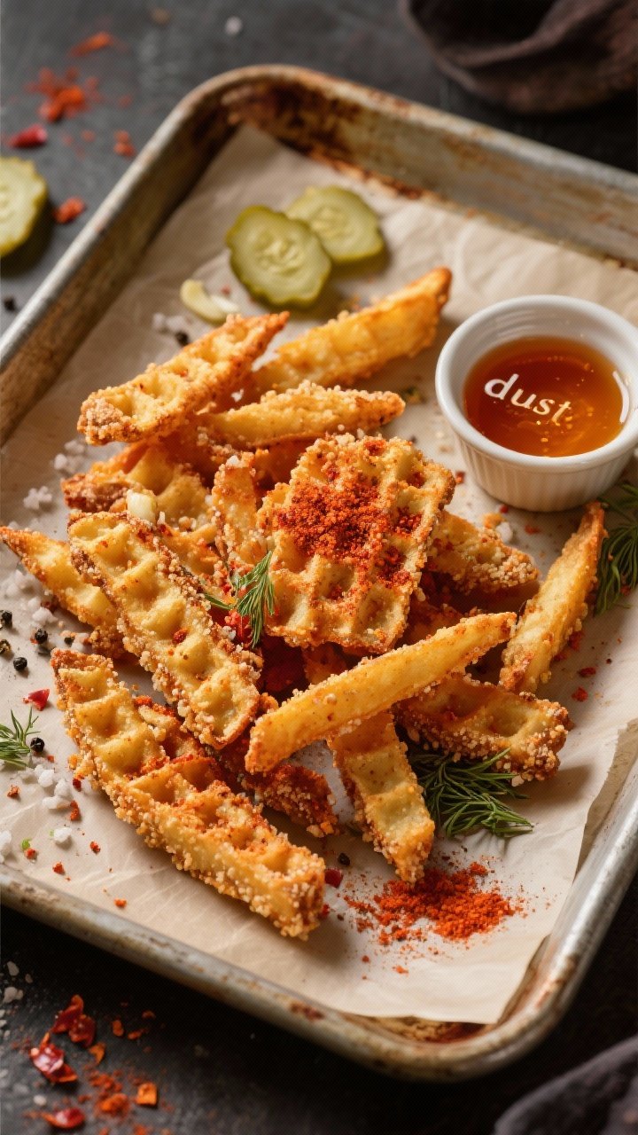 Overhead shot of crispy air-fried waffle fries on a parchment-lined sheet pan, tossed in a Nashville hot spice blend: smoked paprika, cayenne, garlic powder, onion powder, kosher salt, black pepper; a golden panko crunch visibly clinging to the ridges. A small ramekin of warm hot honey drizzled over a portion, with a side dish of finely crushed dill pickle “dust” sprinkled across the fries for tang. Styling: rustic metal tray, warm moody lighting, a few pickle chips and cayenne flakes scattered for context, emphasizing fiery red-orange tones and ultra-crispy texture.