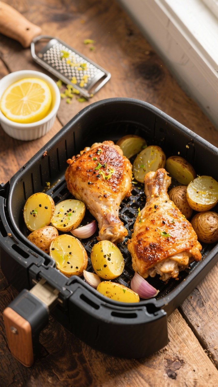 Overhead shot of crispy bone-in, skin-on chicken thighs in an air fryer basket beside golden lemon-pepper baby potatoes, potato halves glistening with olive oil, lemon zest, garlic powder, onion powder, and black pepper; a small ramekin of lemon juice and a microplane with fresh zest nearby; warm, rustic wood surface, natural window light, sharp texture on blistered chicken skin.