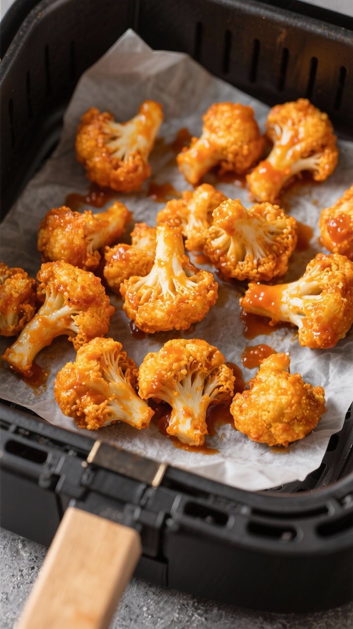 Overhead shot of crispy buffalo cauliflower bites fresh from the air fryer: golden-brown
