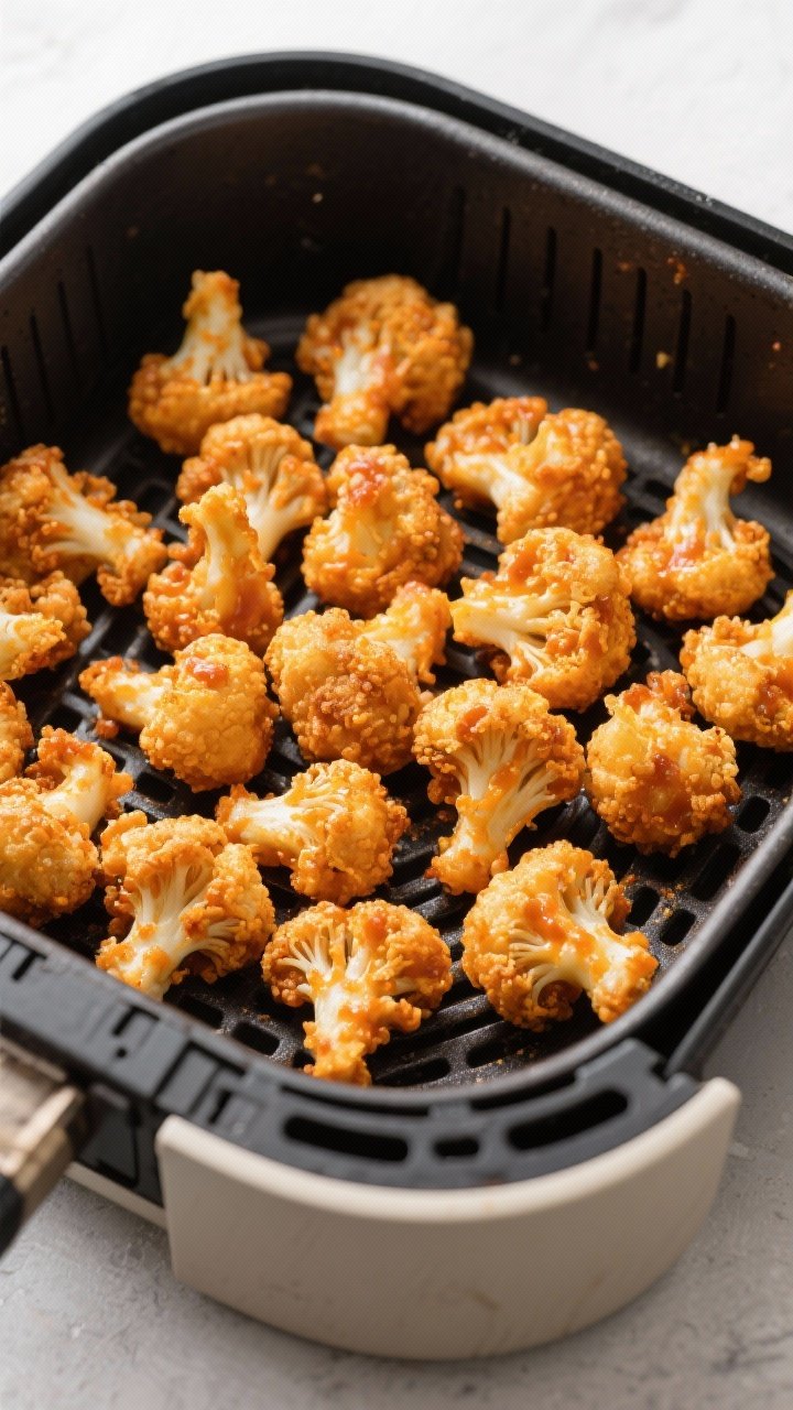 Overhead shot of crispy buffalo cauliflower bites fresh from the air fryer basket, golden craggy batter clinging to