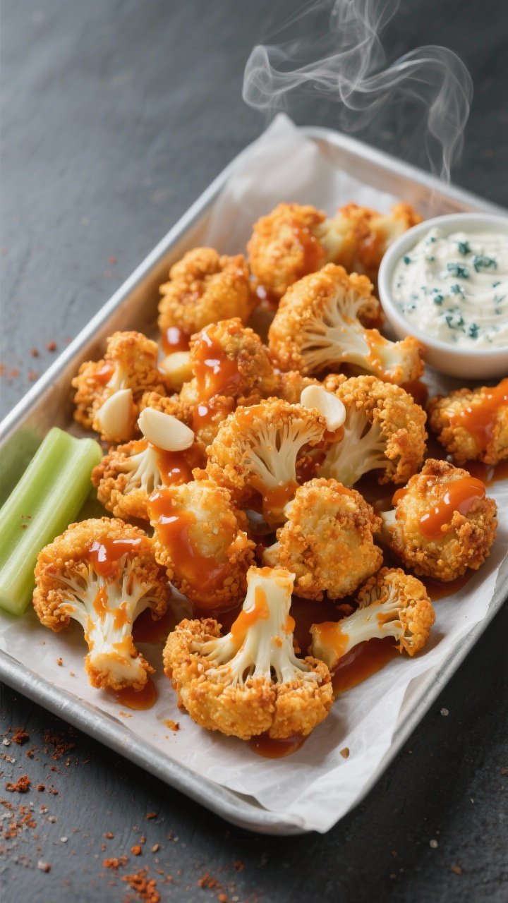 Overhead shot of crispy buffalo cauliflower bites just out of the air fryer: golden-brown cauliflower florets with craggy, textured batter made from flour and water, seasoned with garlic powder, onion powder, and smoked paprika, tossed in glossy buffalo sauce. Served on a parchment-lined tray with a small bowl of ranch or blue cheese dip, a few celery sticks for color contrast, steam faintly visible, shot on a matte slate background for a game-day vibe.