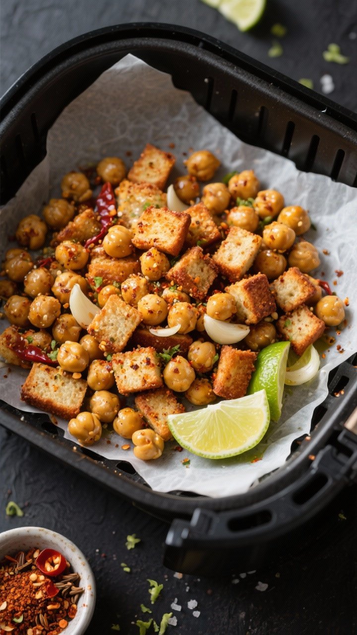 Overhead shot of crispy chickpea “croutons” just out of the air fryer: golden-brown chickpeas dusted with chili-lime seasoning, garlic powder, smoked paprika, cumin, and salt, glistening with a light olive oil sheen. Styled on a parchment-lined air fryer basket with a small bowl of chili-lime mix and lime zest scattered around; matte dark surface for contrast, sharp focus on crunchy texture.