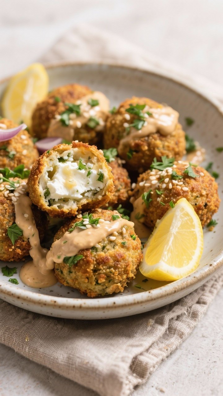 Overhead shot of Crispy Feta-Stuffed Falafel Balls: deep golden falafel made from soaked dried chickpeas, onion, garlic, parsley, and cilantro, cracked open to reveal a warm feta core. Drizzled with lemon-tahini sauce, scattered parsley and sesame, served in a shallow ceramic bowl with lemon wedges. Rustic linen, neutral background, emphasis on crumbly-herb texture and creamy feta.