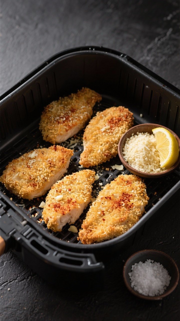 Overhead shot of crispy Parmesan chicken cutlets in an air fryer basket with visible spacing between pieces, golden panko-Parmesan crust flecked with smoked paprika and garlic powder, a small bowl of panko mixed with grated Parmesan on the side, kosher salt pinch dish, and a lemon wedge for brightness; styled on a dark matte surface to emphasize texture and crunch, professional lighting highlighting the crisp coating.