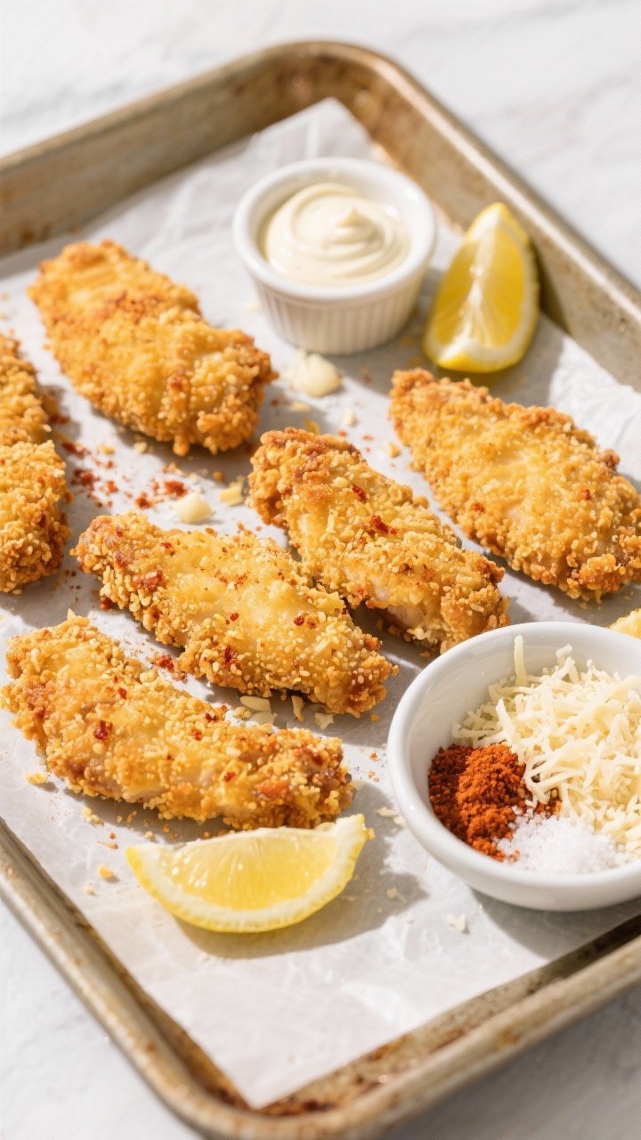 Overhead shot of crispy Parmesan chicken tenders just out of the air fryer, golden panko-Parmesan crust with visible flecks of smoked paprika and garlic powder, served on a parchment-lined baking tray with a small ramekin of garlic aioli and lemon wedges; include a side bowl showing the panko, grated Parmesan, paprika, and salt mixture; bright, appetizing light, shallow shadow, crunchy texture emphasized.