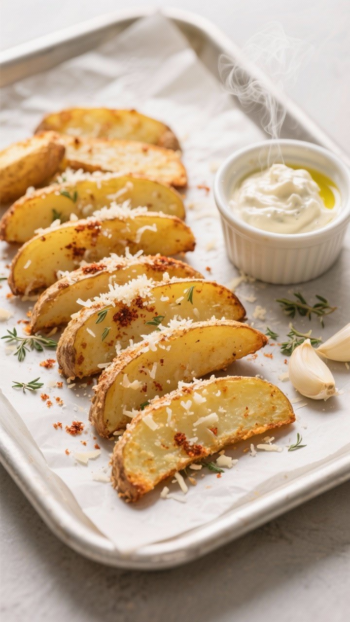 Overhead shot of crispy Parmesan garlic potato wedges fresh from the air fryer, arranged in a fan on a parchment-lined sheet, golden edges dusted with grated Parmesan, smoked paprika, and dried oregano. Visible minced garlic glistens with olive oil; a ramekin of creamy garlic-Parmesan dip sits nearby. Neutral backdrop, crisp textures emphasized, steam faintly rising.