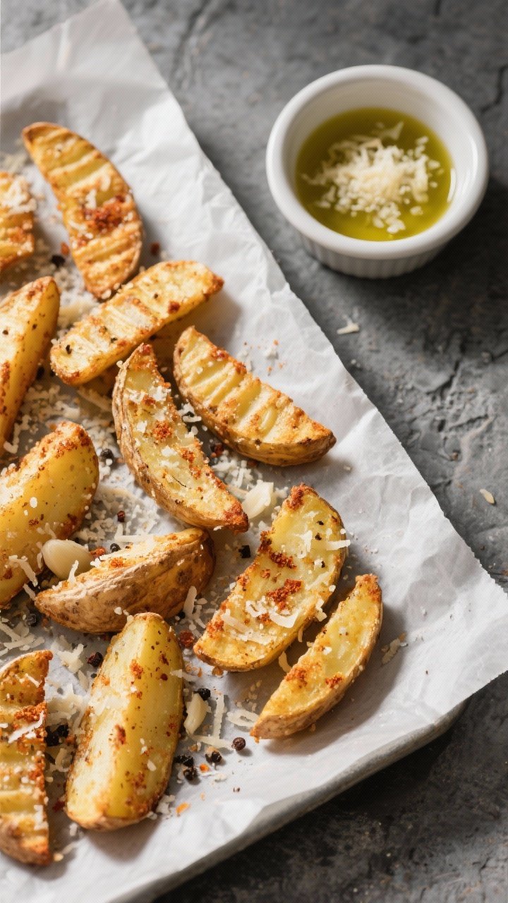 Overhead shot of crispy Parmesan potato wedges just out of the air fryer on a parchment-lined sheet, golden and ridged with finely grated Parmesan, garlic powder, smoked paprika, onion powder, kosher salt, and black pepper visible as a speckled crust; a small ramekin of olive oil and a sprinkle of extra Parmesan on a cool gray stone surface, moody side light emphasizing crunch.