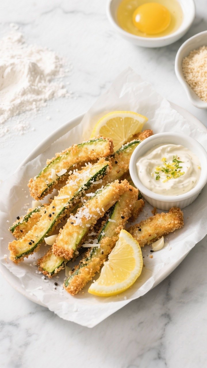 Overhead shot of crispy Parmesan zucchini fries just out of the air fryer, arranged in a parchment-lined oval platter with a ramekin of garlicky lemon dip (visible lemon zest and minced garlic) on the side; golden panko-Parmesan crust with flecks of black pepper and garlic powder, a dusting of finely grated Parmesan on top, lemon wedges and a sprinkle of sea salt for finish, styled on a cool marble surface with flour, beaten egg in a small bowl, and a dish of panko nearby to hint at the breading process; bright, clean lighting to emphasize crunch.
