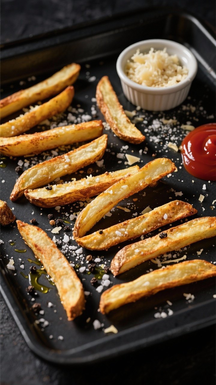 Overhead shot of crispy stadium-style fries just out of the air fryer, arranged in a single uncrowded layer on a dark sheet pan with space between each 1/4-inch russet potato baton; visible cornstarch-polished sheen and golden blistered edges, tossed with olive oil, kosher salt, black pepper, and a generous garlic-parmesan dust; extra pinch of flaky salt and grated Parmesan scattered on the pan; small ramekin of garlic-parmesan mix and a side of ketchup; moody stadium-snack vibe on a matte black background, hard side lighting to emphasize crunch.