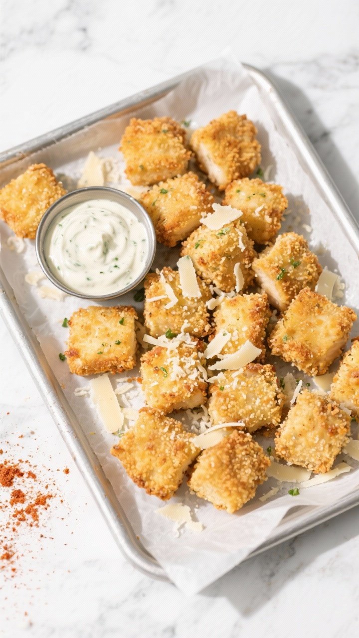Overhead shot of Crunchy Parmesan Ranch Chicken Bites fresh from the air fryer: golden 1-inch chicken cubes coated in a crisp mix of grated Parmesan, panko breadcrumbs, ranch seasoning, and a hint of smoked paprika. Served in a parchment-lined shallow metal tray with a small ramekin of ranch dip, scattered Parmesan shavings, and a dusting of paprika. Bright, crunchy texture emphasized, clean white marble surface, natural daylight, no people.