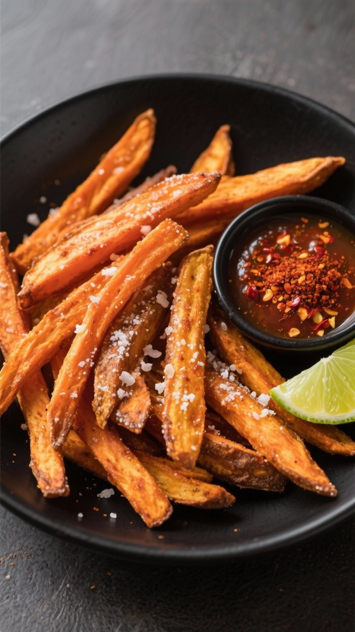 Overhead shot of extra-crispy sweet potato fries in a matte black bowl: thin 1/4-inch fries dusted with cornstarch for crispness, coated in olive oil, chili powder, smoked paprika, and garlic powder; served with a chili-lime dipping sauce and lime wedges; visible crunchy ridges and vibrant orange color, a pinch of flaky salt on top.