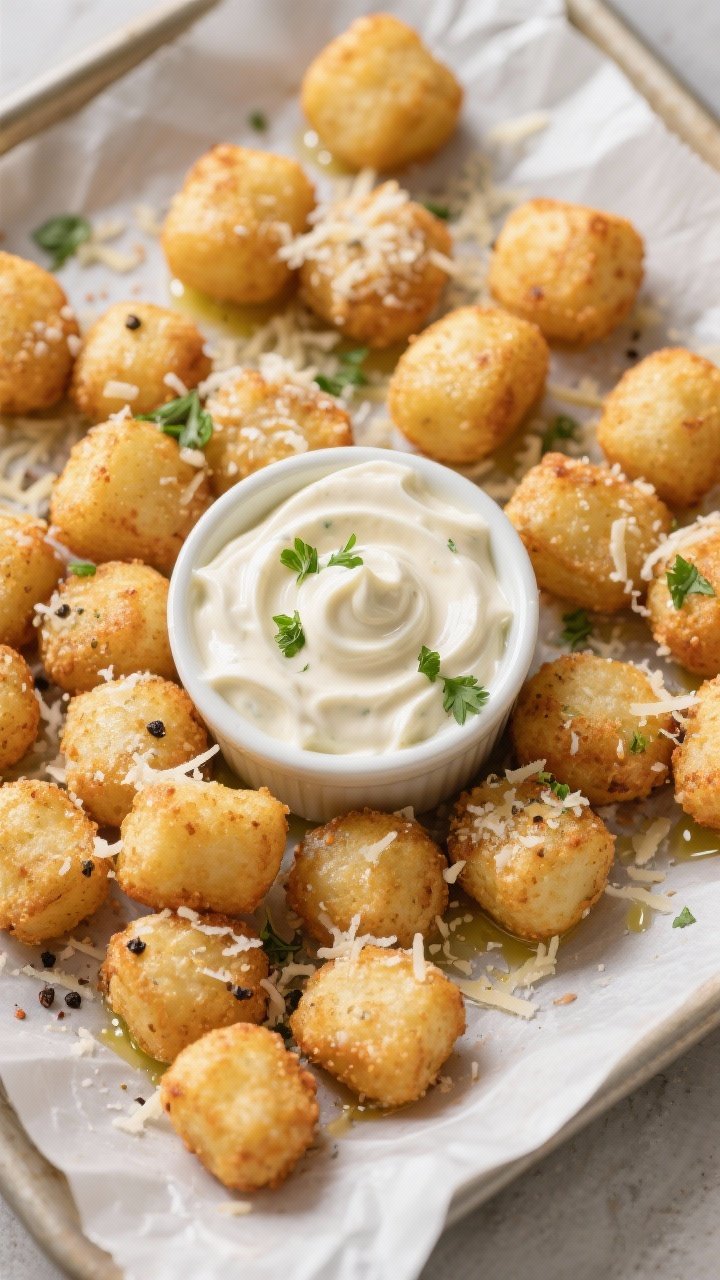 Overhead shot of golden air-fried potato tots tossed in finely grated Parmesan, garlic powder, onion powder, kosher salt, and black pepper, glistening with a light olive oil sheen, on a parchment-lined sheet. A small ramekin of velvety ranch “cloud” dip swirled to soft peaks sits center, sprinkled with chopped fresh parsley; clean, bright lighting emphasizing crisp texture and cheesy granules.