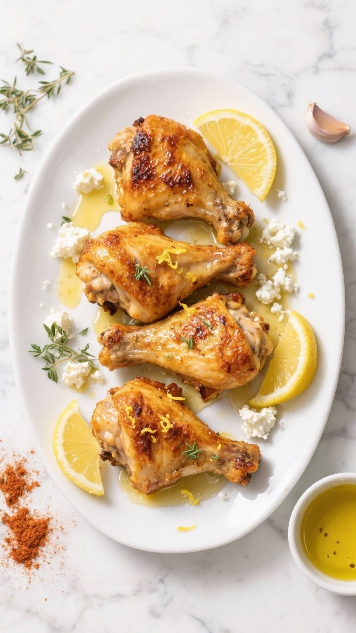 Overhead shot of golden, crispy Greek chicken thighs fresh from the air fryer, skin blistered and glistening, arranged on a white platter with a lemon-feta drizzle pooling around the edges; visible ingredients include lemon wedges, crumbled feta, minced garlic, dried oregano, smoked paprika, and olive oil; garnished with lemon zest and a sprinkle of oregano, styled on a light marble surface with a small bowl of the lemon-feta sauce to the side.