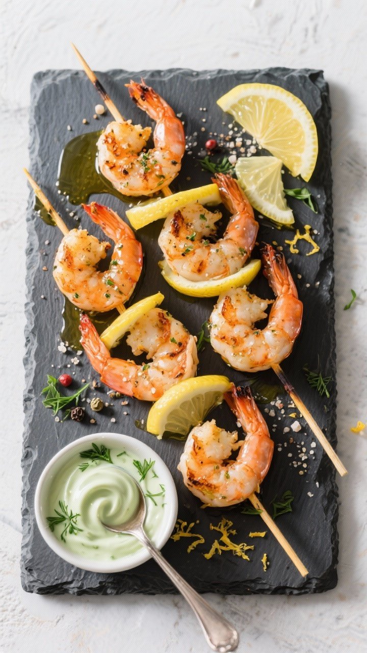 Overhead shot of lemon-pepper shrimp skewers resting on a slate platter: large shrimp lightly charred, glistening with olive oil, seasoned with lemon-pepper, garlic powder, and a pinch of kosher salt; thin lemon wheels tucked between shrimp on the skewers; a small bowl of herby aioli (pale green, flecked with parsley/dill) with a spoon swirl; scattered lemon zest and cracked pepper; clean, bright daylight to evoke fresh, fast elegance.